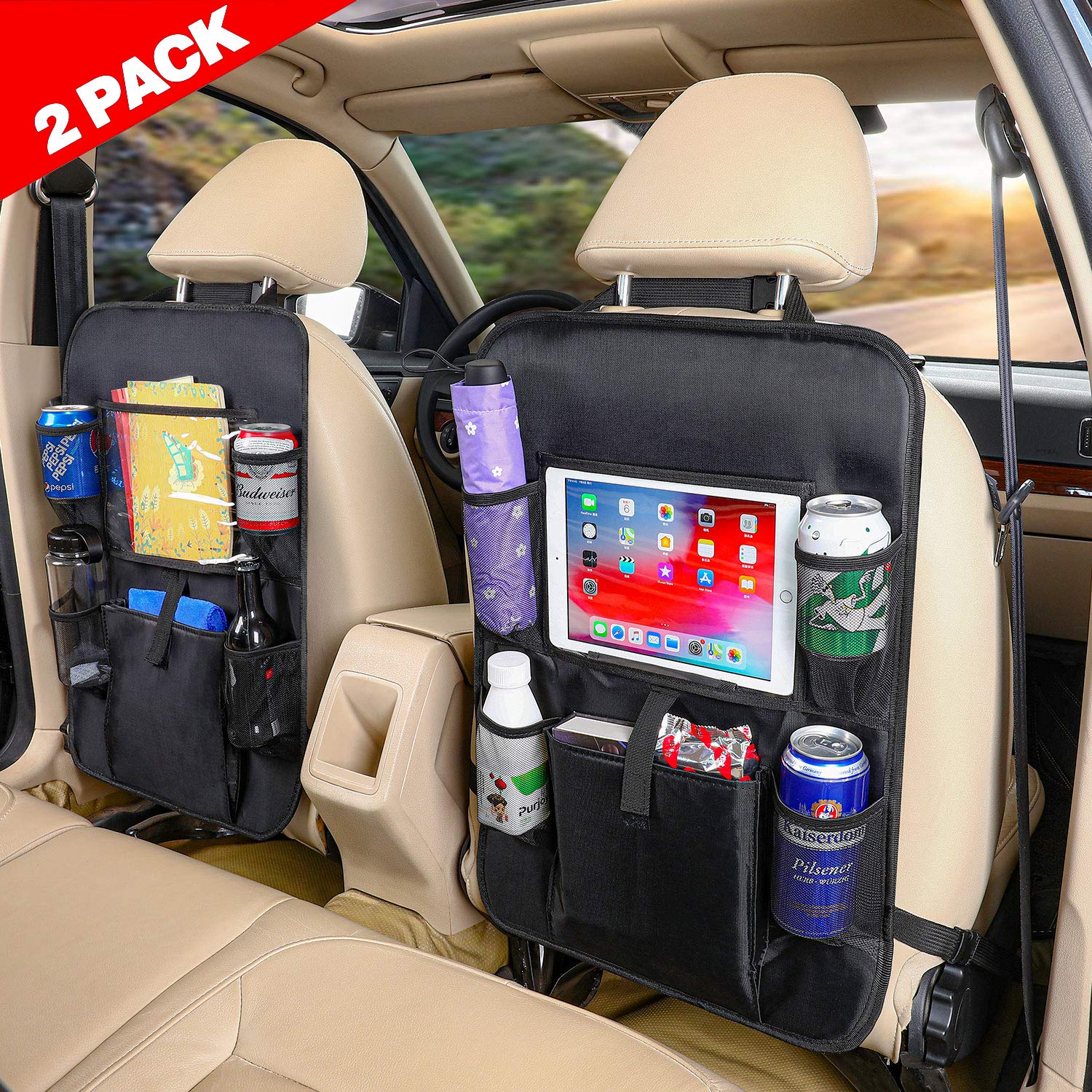 Backseat Organizer Car Backseat Organizer with Touch Screen Tablet Holder Storage Pockets Kick Mats Car Seat Back Protectors Great Travel Accessories for Kids and Toddlers 2 Pack 
